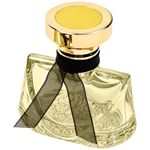 Yellow trapezoidal glass spray bottle featuring sweeping, curved shoulder that taper into a narrow neck, topped with a chunky gold circular pedestal cap.