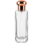 Tall, slender glass spray bottle with rounded vertical edges and a dome shaped, bulbous cap.