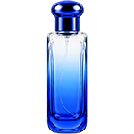 Blue Gradient tall rectangular, glass spray bottle with rounded vertical edges and a dome shaped, bulbous cap.