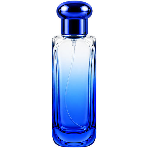 Blue Gradient tall rectangular, glass spray bottle with rounded vertical edges and a dome shaped, bulbous cap.