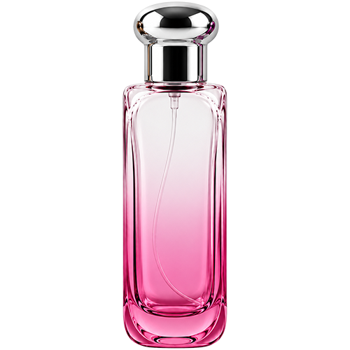 Pink Gradient tall rectangular, glass spray bottle with rounded vertical edges and a dome shaped, bulbous cap.