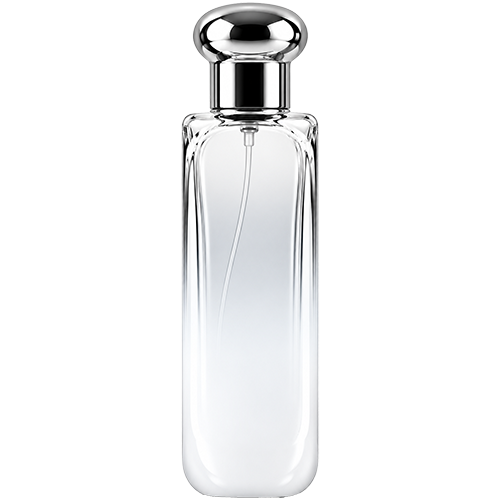 White Gradient tall rectangular, glass spray bottle with rounded vertical edges and a dome shaped, bulbous cap.