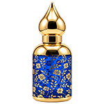 Blue vibrant glass spray bottle adorned with an ornate gold pattern, topped with a shiny gold, dome shaped minaret cap and a matching gold sprayer.