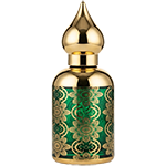 Green vibrant glass spray bottle adorned with an ornate gold pattern, topped with a shiny gold, dome shaped minaret cap and a matching gold sprayer.