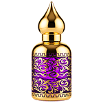 Purple vibrant glass spray bottle adorned with an ornate gold pattern, topped with a shiny gold, dome shaped minaret cap and a matching gold sprayer.