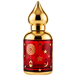 Red vibrant glass spray bottle adorned with an ornate gold pattern, topped with a shiny gold, dome shaped minaret cap and a matching gold sprayer.