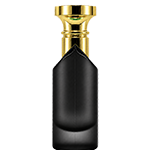 Black Cylindrical spray bottle featuring a sharp, angular shoulder, crowned with a metallic gold flat top circular cap and matching gold mist sprayer.