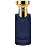 Blue Cylindrical spray bottle featuring a sharp, angular shoulder, crowned with a metallic gold flat top circular cap and matching gold mist sprayer.