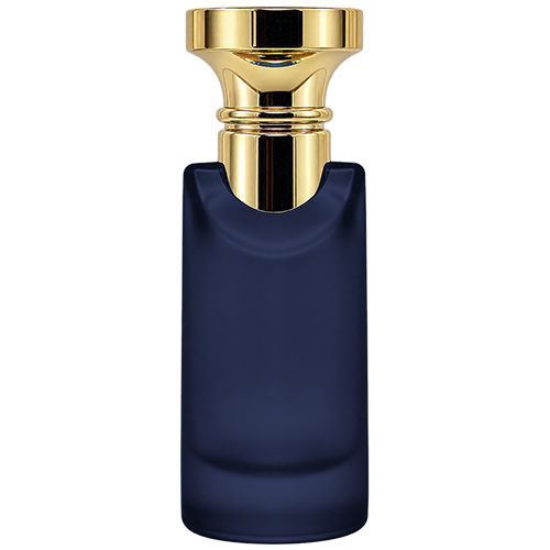 Blue Cylindrical spray bottle featuring a sharp, angular shoulder, crowned with a metallic gold flat top circular cap and matching gold mist sprayer.