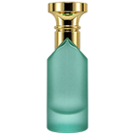 Green Cylindrical spray bottle featuring a sharp, angular shoulder, crowned with a metallic gold flat top circular cap and matching gold mist sprayer.