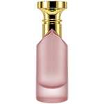 Pink Cylindrical spray bottle featuring a sharp, angular shoulder, crowned with a metallic gold flat top circular cap and matching gold mist sprayer.