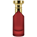 Red Cylindrical spray bottle featuring a sharp, angular shoulder, crowned with a metallic gold flat top circular cap and matching gold mist sprayer.