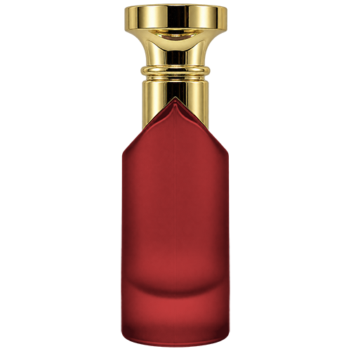 Red Cylindrical spray bottle featuring a sharp, angular shoulder, crowned with a metallic gold flat top circular cap and matching gold mist sprayer.