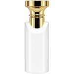White Cylindrical spray bottle featuring a sharp, angular shoulder, crowned with a metallic gold flat top circular cap and matching gold mist sprayer.