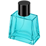 Blue see through flat square glass spray bottle with a soft hue, featuring a black cylindrical cap and black sprayer