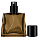 Brown see through flat square glass spray bottle with a soft hue, featuring a black cylindrical cap and black sprayer