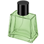 Green see through flat square glass spray bottle with a soft hue, featuring a black cylindrical cap and black sprayer