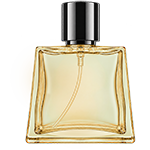 Orange see through flat square glass spray bottle with a soft hue, featuring a black cylindrical cap and black sprayer
