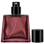Red see through flat square glass spray bottle with a soft hue, featuring a black cylindrical cap and black sprayer