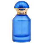 Blue Frosted cilinder glass perfume bottle featuring a metallic dome cap with vertical ridges and a detailed gold toned band around the neck, gold spray pump.