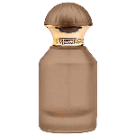 Brown Frosted cilinder glass perfume bottle featuring a metallic dome cap with vertical ridges and a detailed gold toned band around the neck, gold spray pump.
