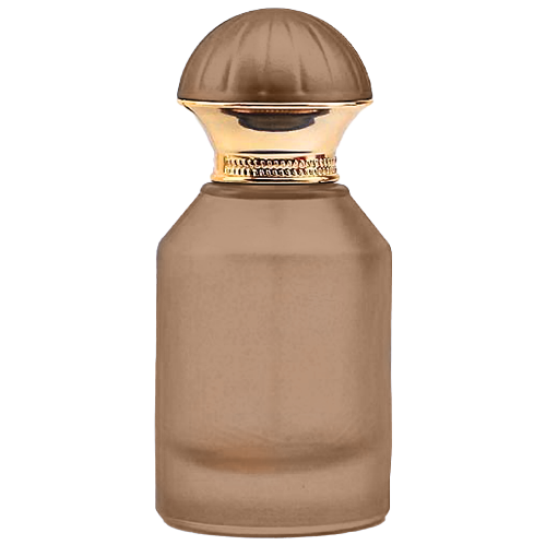 Brown Frosted cilinder glass perfume bottle featuring a metallic dome cap with vertical ridges and a detailed gold toned band around the neck, gold spray pump.