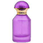 Purple Frosted cilinder glass perfume bottle featuring a metallic dome cap with vertical ridges and a detailed gold toned band around the neck, gold spray pump.