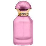 Pink Frosted cilinder glass perfume bottle featuring a metallic dome cap with vertical ridges and a detailed gold toned band around the neck, gold spray pump.