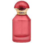 Red Frosted cilinder glass perfume bottle featuring a metallic dome cap with vertical ridges and a detailed gold toned band around the neck, gold spray pump.