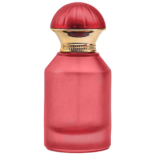 Red Frosted cilinder glass perfume bottle featuring a metallic dome cap with vertical ridges and a detailed gold toned band around the neck, gold spray pump.